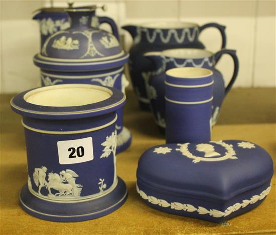 7 items of blue Jasperware